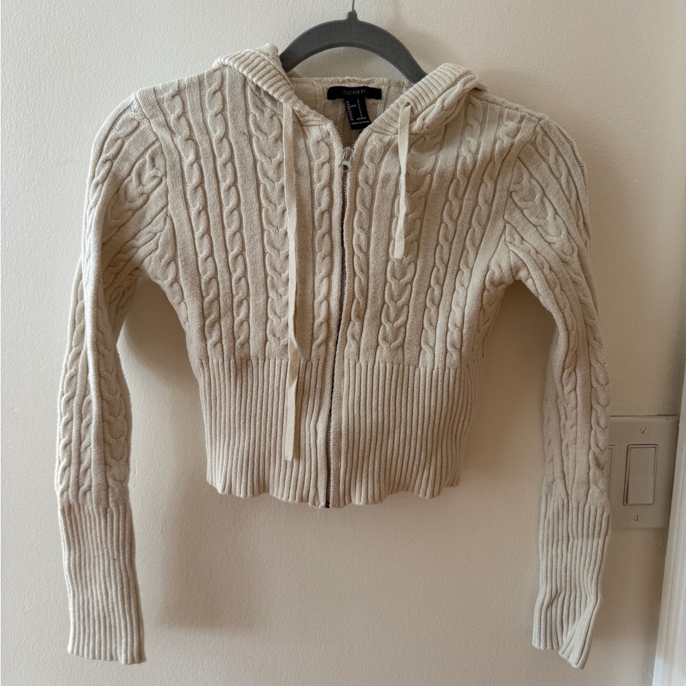 Forever 21 Cable-Knit Zip Hoodie - Cream